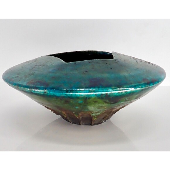 Turquoise Blue Signed Raku Sculpture Pottery Vase Bowl Iridescent Drip Glaze 8" - Picture 3 of 16